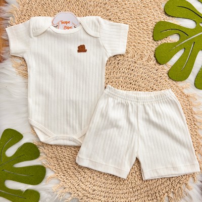 Conj. Body Manga Curta e Short Canelado - Off White